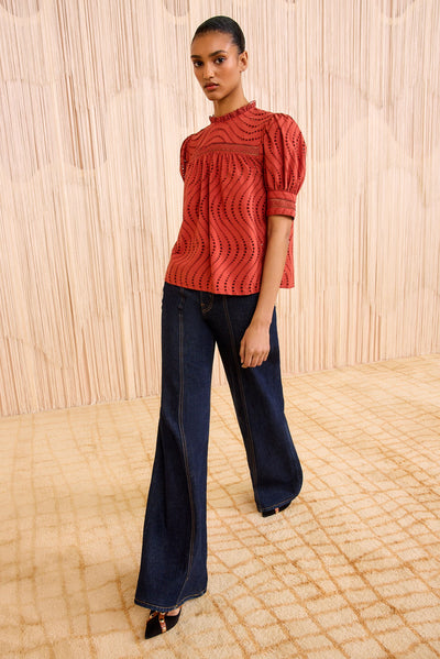 VIRGINIA LACE COLLAR SHORT SLEEVE BLOUSE IN CLARET