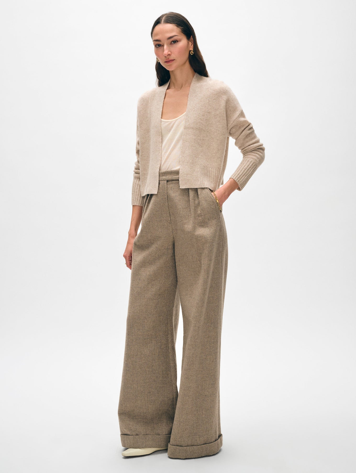 CASHMERE FEATHERWEIGHT OPEN CARDIGAN IN SAND WISP HEATHER - Romi Boutique
