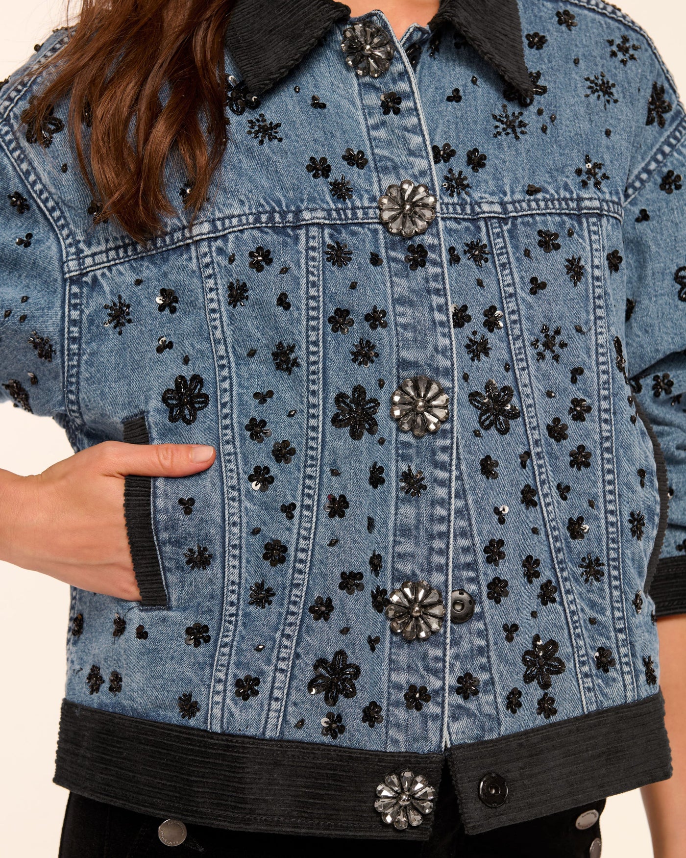 ROBIN EMBELLISHED JEAN JACKET IN BEADED DENIM - Romi Boutique