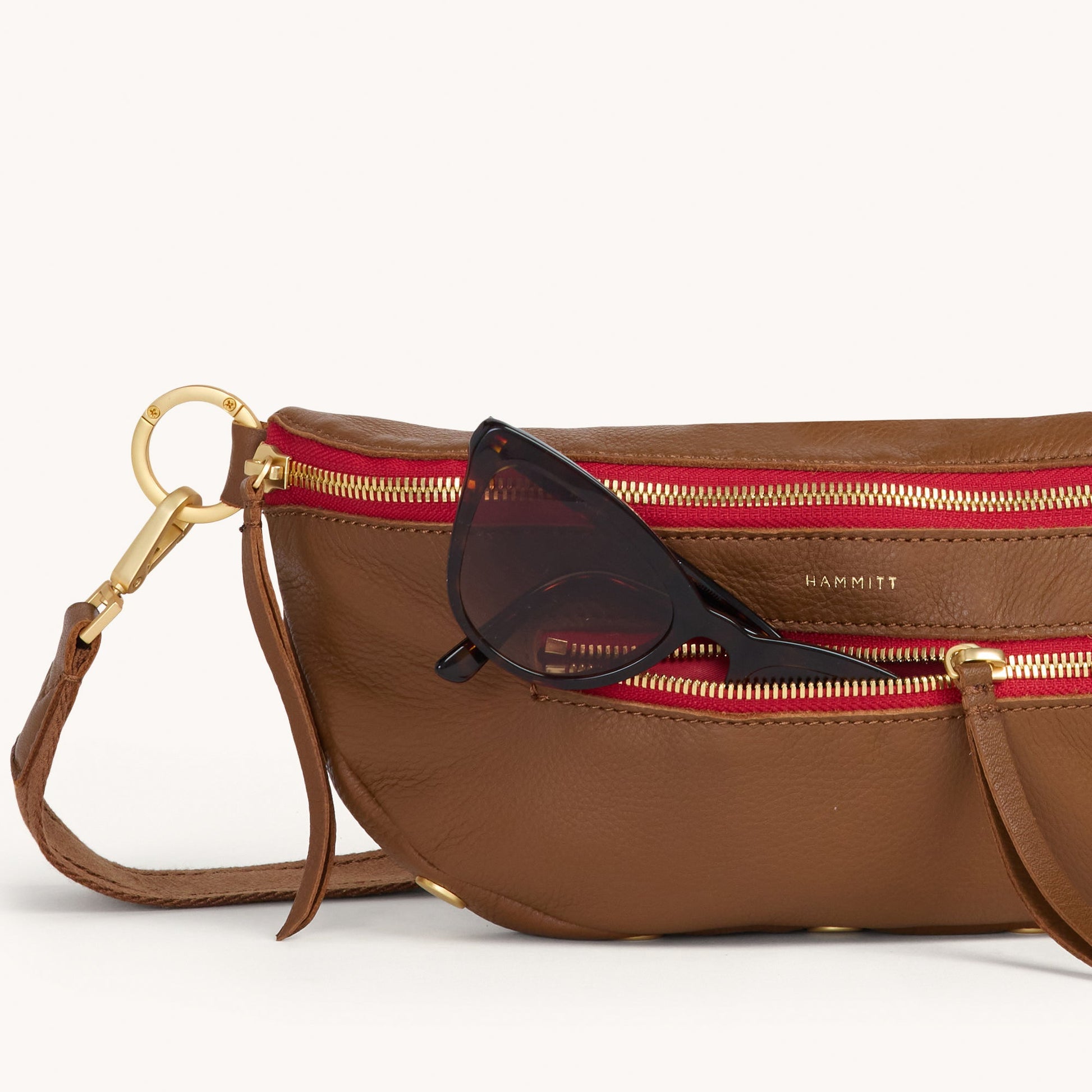 Hammitt CHARLES CROSSBODY MED IN MAHOGANY PEBBLE/BRUSHED GOLD RED ZIP at Romi Boutique