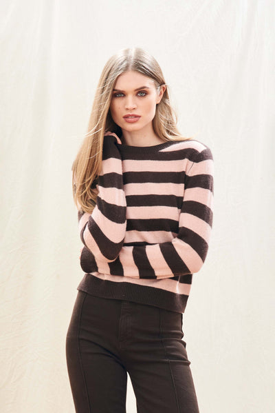 STRIPE CREW IN DARK BROWN/PALE PINK