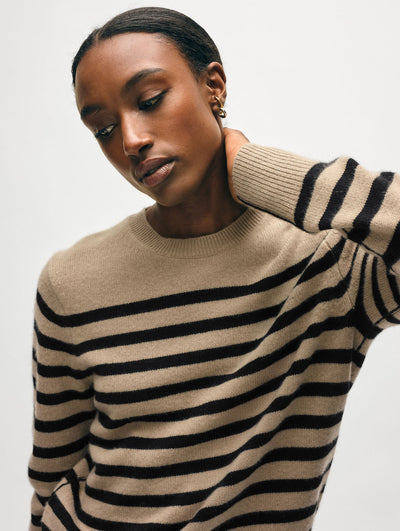 CASHMERE STRIPED CREWNECK IN KHAKI/BLACK