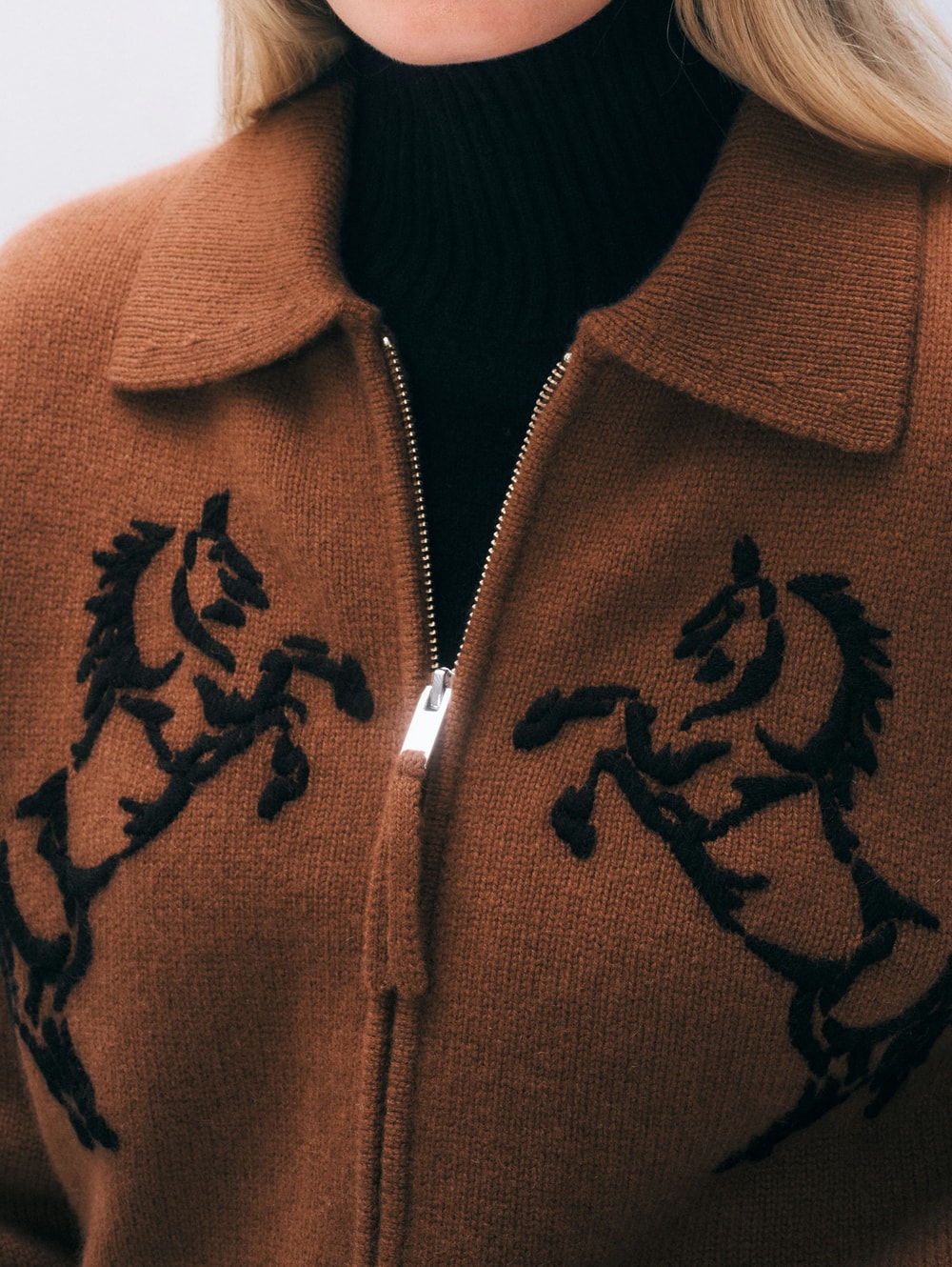 Cashmere Blend Horse Zip-Up Sweater