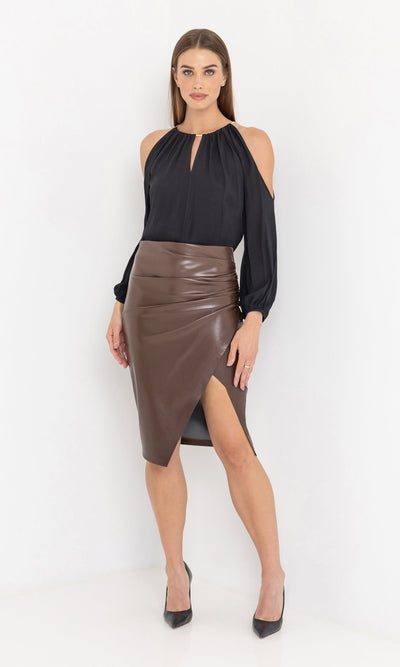 GINA VEGAN LEATHER SKIRT IN MAHOGANY