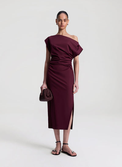 NARA OFF SHOULDER MIDI DRESS IN PLUM - Romi Boutique