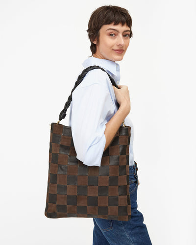 CARRYALL CLUTCH NAPPA & SUEDE OVERSIZED CHECKER W/ TABS IN BLACK & CHOCOLATE