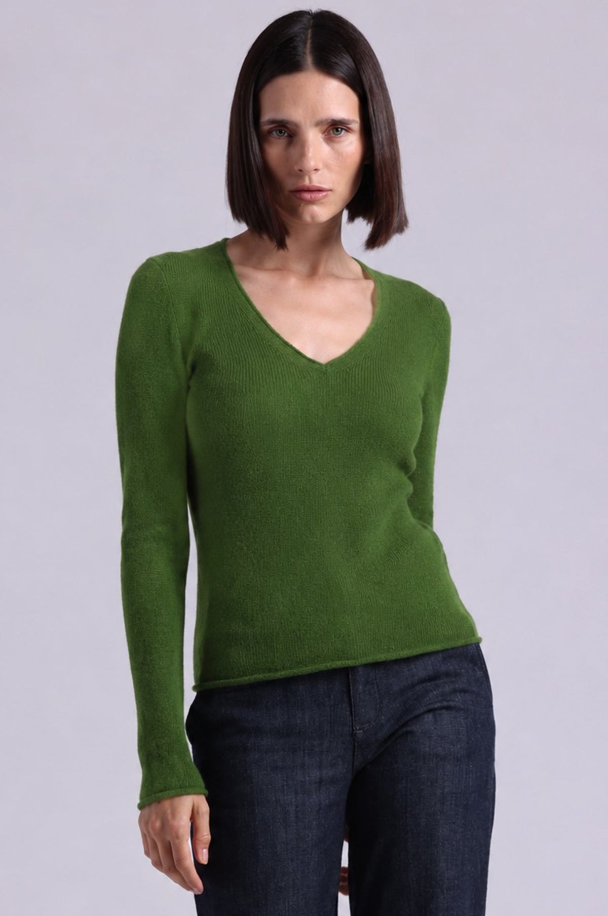 Minnie Rose Sheer Luxury Cashmere Long Sleeve V Neck with Rolled Trims at Romi Boutique