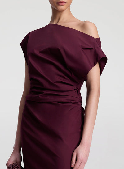 NARA OFF SHOULDER MIDI DRESS IN PLUM - Romi Boutique
