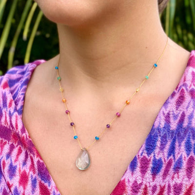 GREEN FLUORITE NECKLACE IN RAINBOW DROP