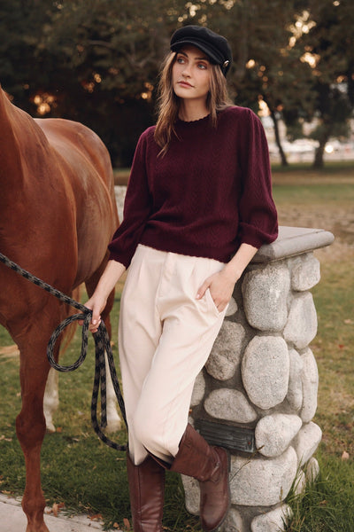 CHARLENE 3/4 SLEEVE TEXTURED CREWNECK IN PINOT