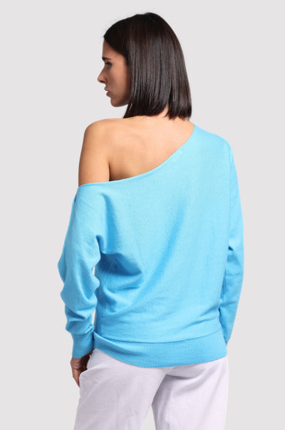 COTTON CASHMERE OFF THE SHOULDER TOP IN BLUE BOW