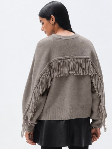 White & Warren Cashmere Blend Luxe Fringe Crewneck at Romi Boutique