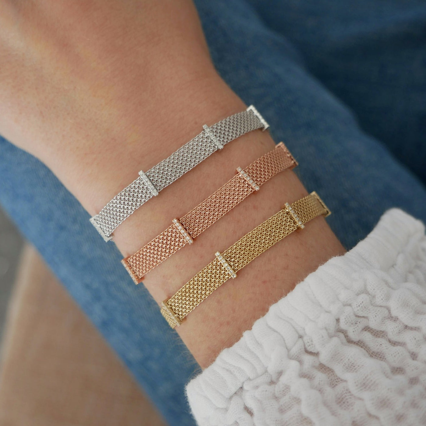 DIAMOND BAR MESH BRACELET IN 14K YELLOW GOLD - Romi Boutique