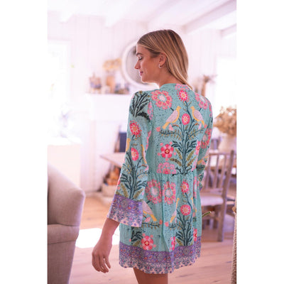 ROSE MINI DRESS IN GREEN PINK BIRD PRINT
