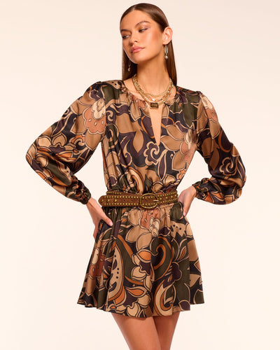 GLORIA PRINTED SILK LONG SLEEVE MINI DRESS IN BROWN FLORAL