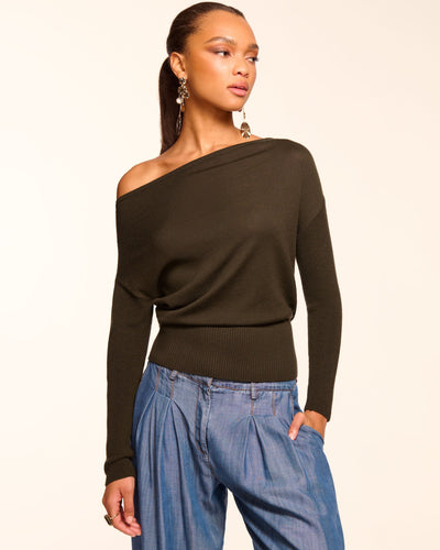 CHANCE MERINO OFF-THE-SHOULDER SWEATER IN DEEP OLIVE