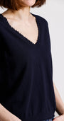 Minnie Rose COTTON CASHMERE FRAYED V TEE at Romi Boutique
