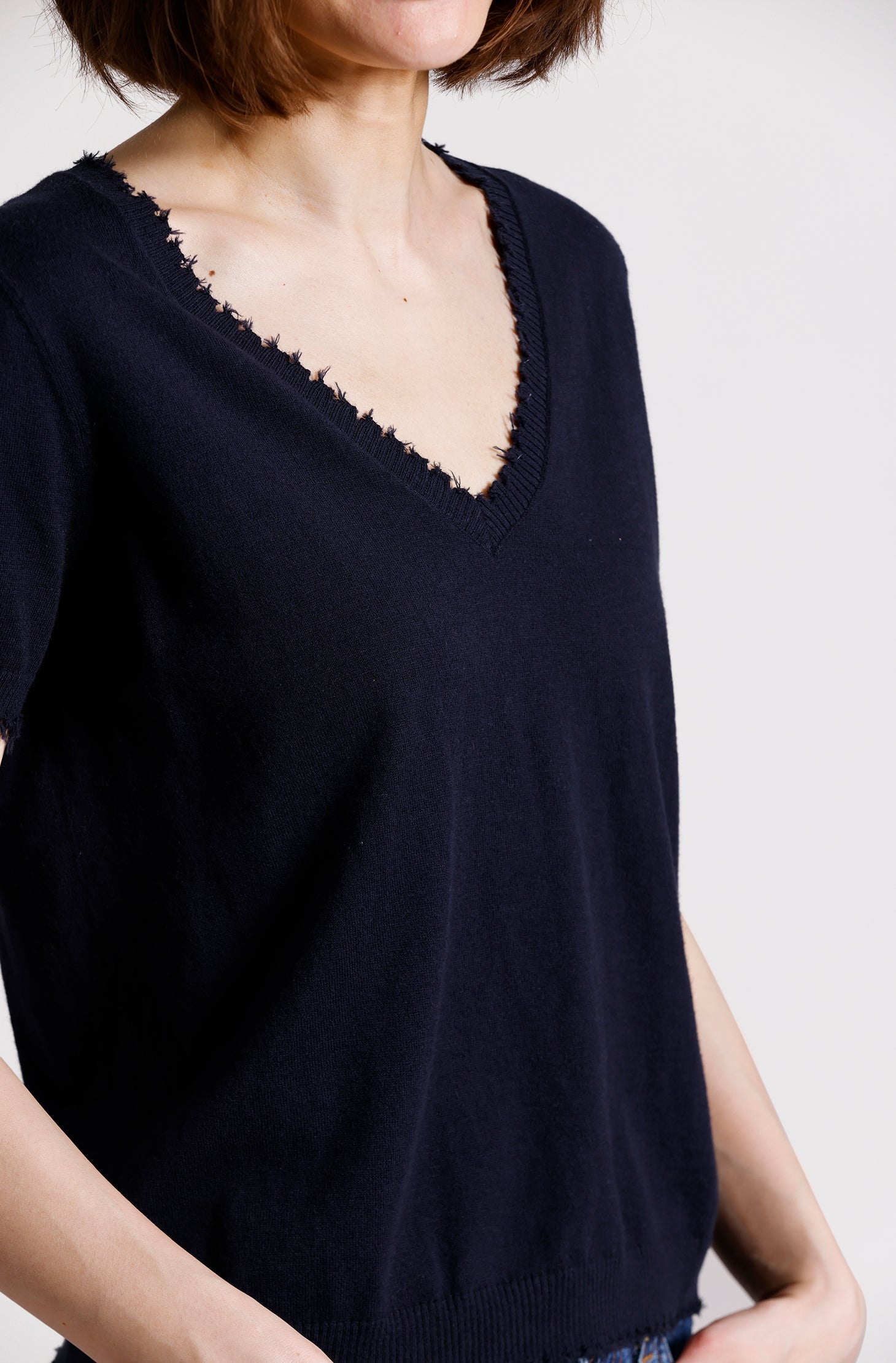 Minnie Rose COTTON CASHMERE FRAYED V TEE at Romi Boutique