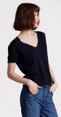 Minnie Rose COTTON CASHMERE FRAYED V TEE at Romi Boutique
