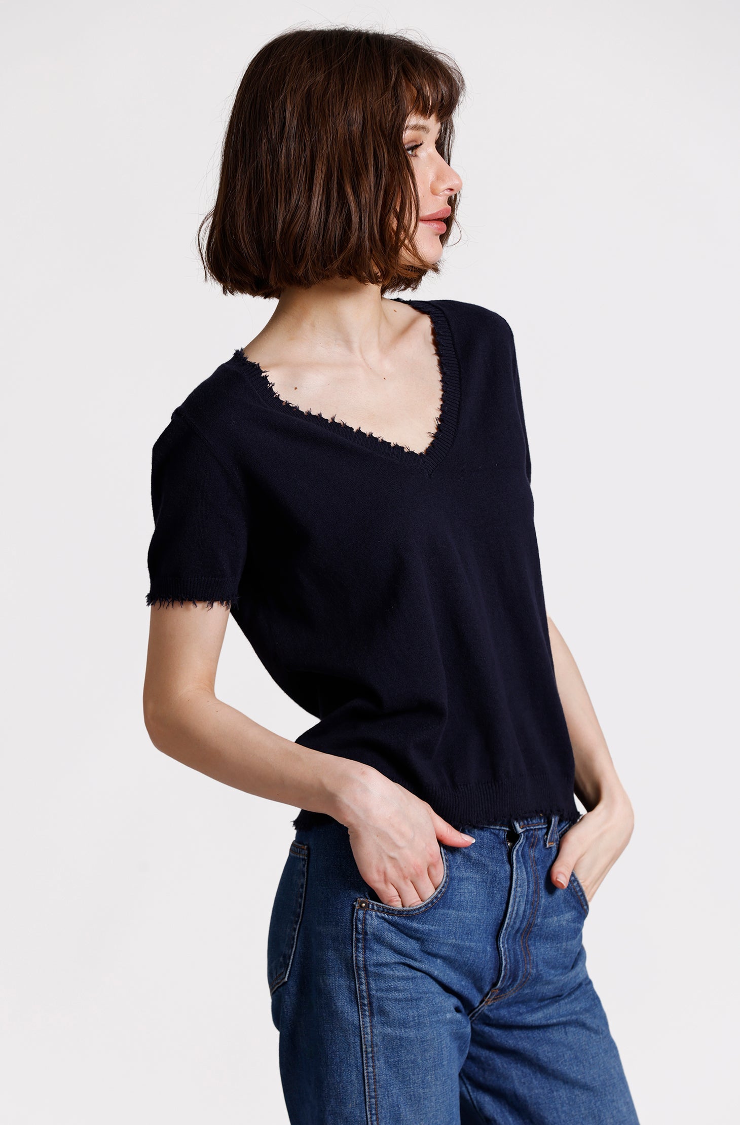 Minnie Rose COTTON CASHMERE FRAYED V TEE at Romi Boutique