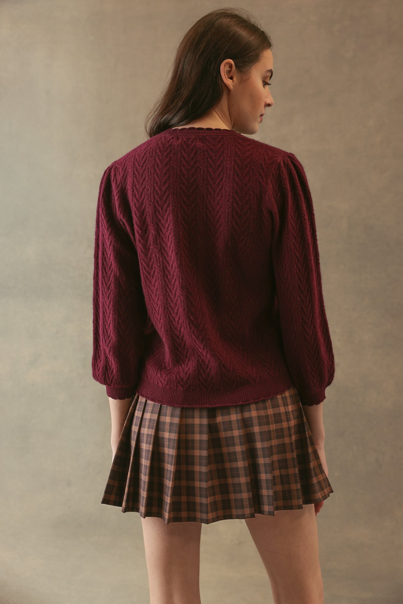 CHARLENE 3/4 SLEEVE TEXTURED CREWNECK IN PINOT