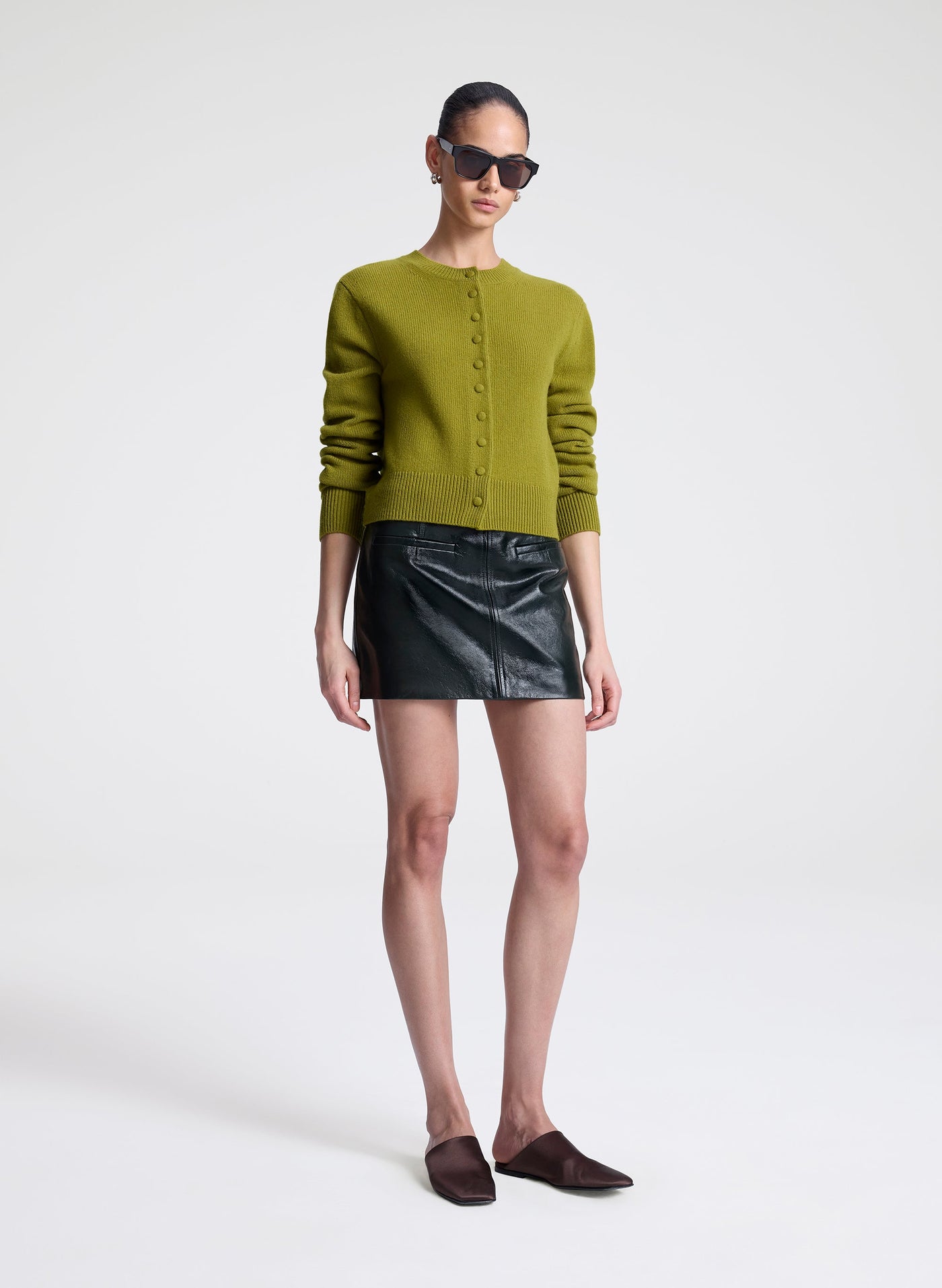COWAN LEATHER MINI SKIRT IN DARK GREEN