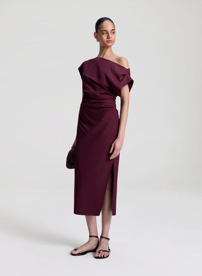 NARA OFF SHOULDER MIDI DRESS IN PLUM - Romi Boutique