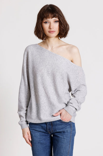 CASHMERE OFF THE SHOULDER TOP IN LIGHT HEATHER GREY