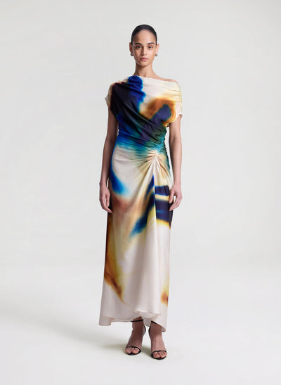 PENNY SATIN MIDI DRESS IN LAPIS MULTI - Romi Boutique