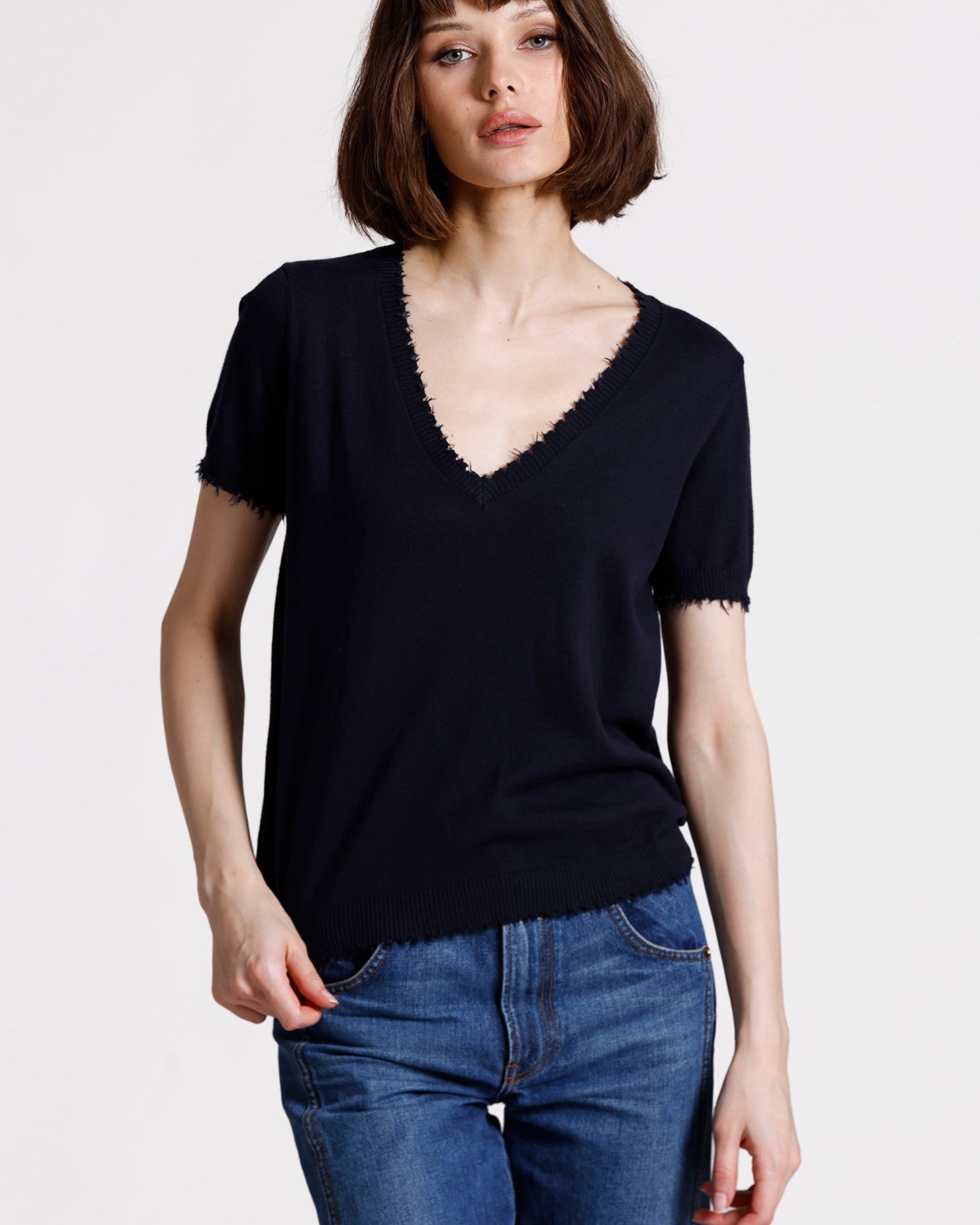 Minnie Rose COTTON CASHMERE FRAYED V TEE at Romi Boutique