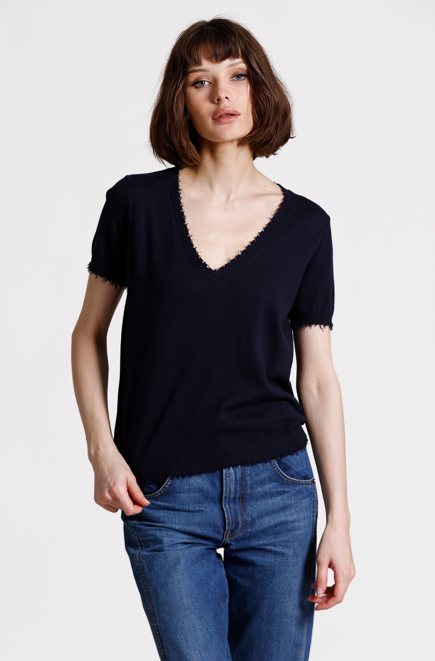 Minnie Rose COTTON CASHMERE FRAYED V TEE at Romi Boutique