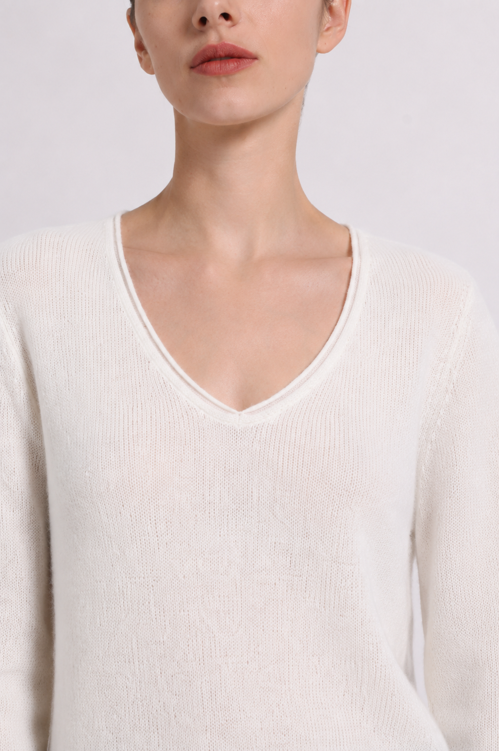 Minnie Rose Sheer Luxury Cashmere Long Sleeve V Neck with Rolled Trims at Romi Boutique