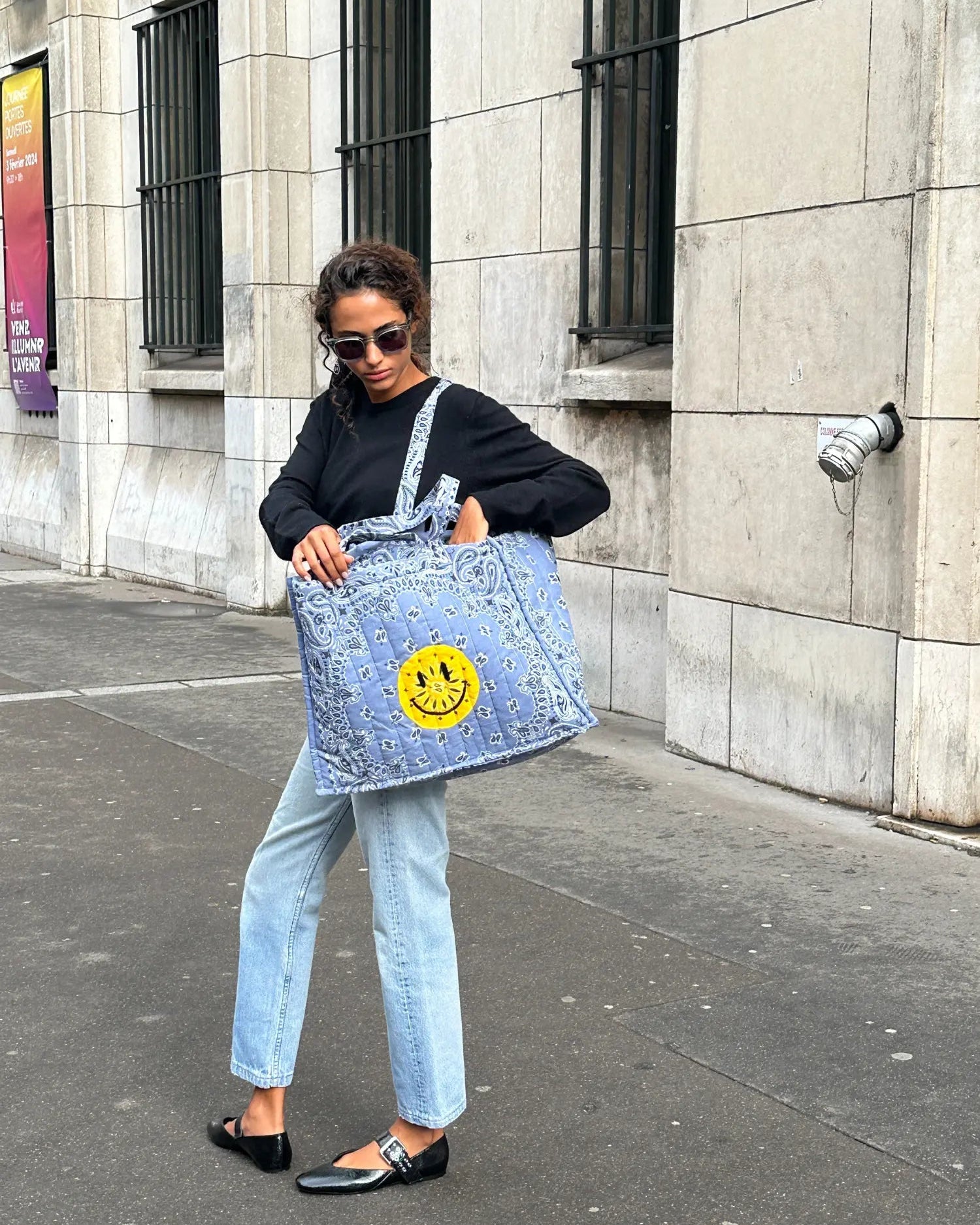 Call It By Your Name Quilted Medium Cabas Tote - Happy Face at Romi Boutique