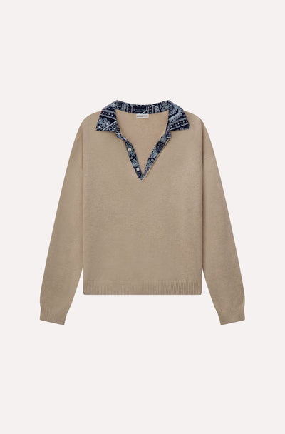 COTTON CASHMERE WOVEN BANDANA COLLAR PULLOVER IN BROWN SUGAR - Romi Boutique