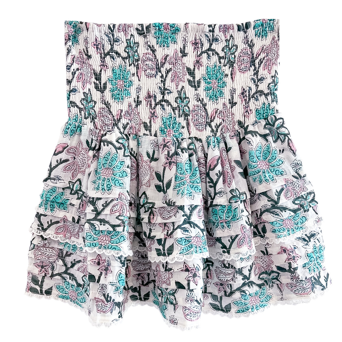 PLEATED SMOCKED MINI SKIRT IN LIGHT TURQUOISE PURPLE FLORAL