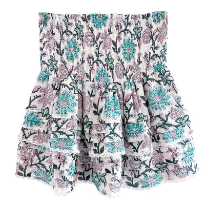 PLEATED SMOCKED MINI SKIRT IN LIGHT TURQUOISE PURPLE FLORAL