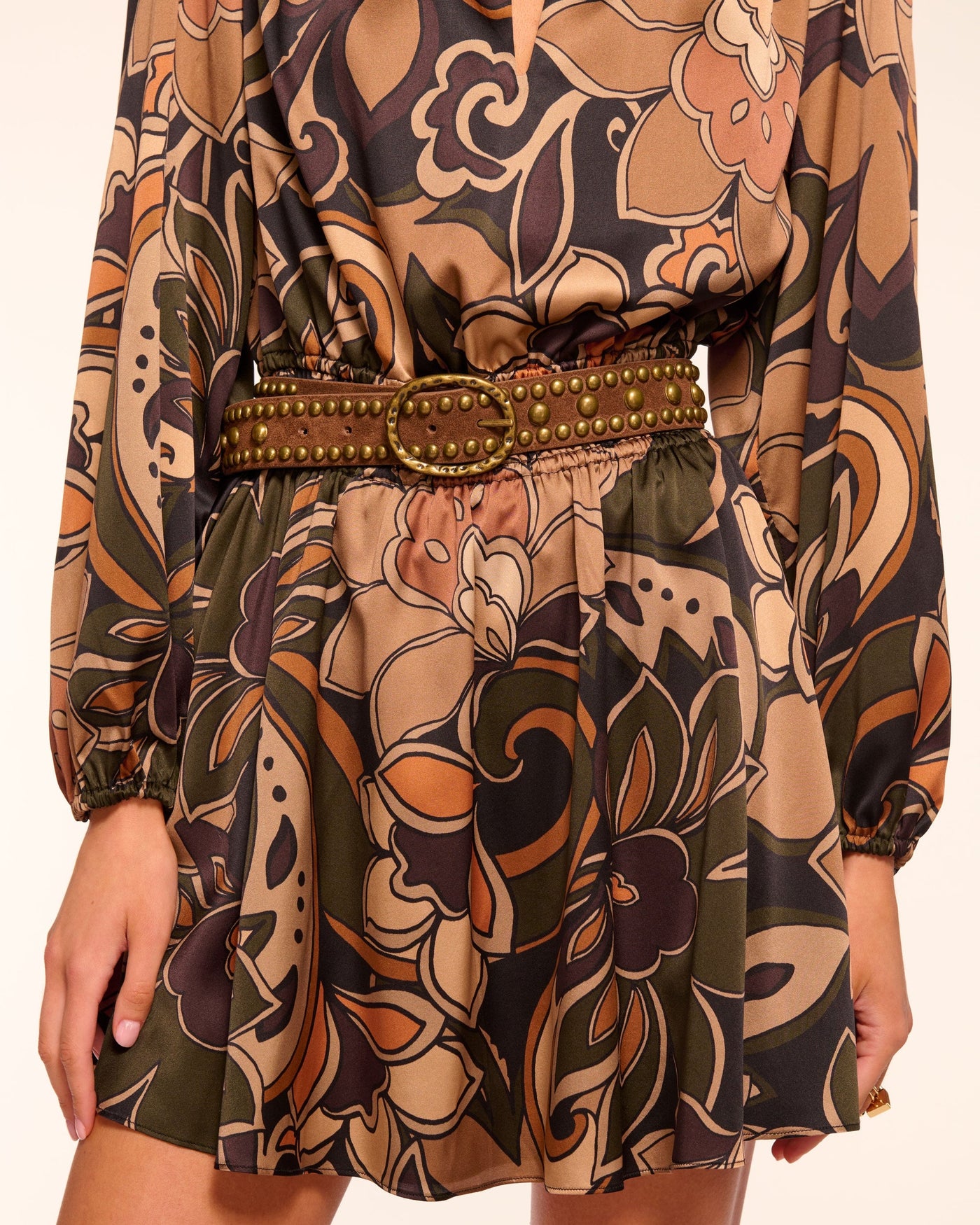 GLORIA PRINTED SILK LONG SLEEVE MINI DRESS IN BROWN FLORAL