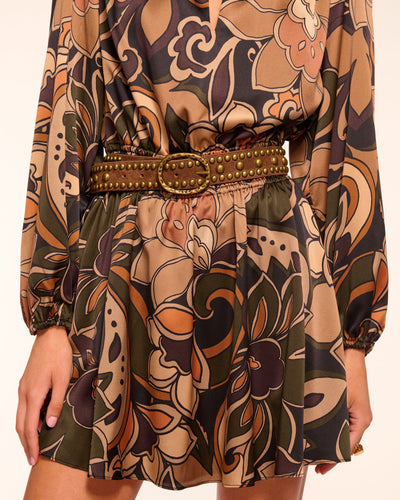 GLORIA PRINTED SILK LONG SLEEVE MINI DRESS IN BROWN FLORAL