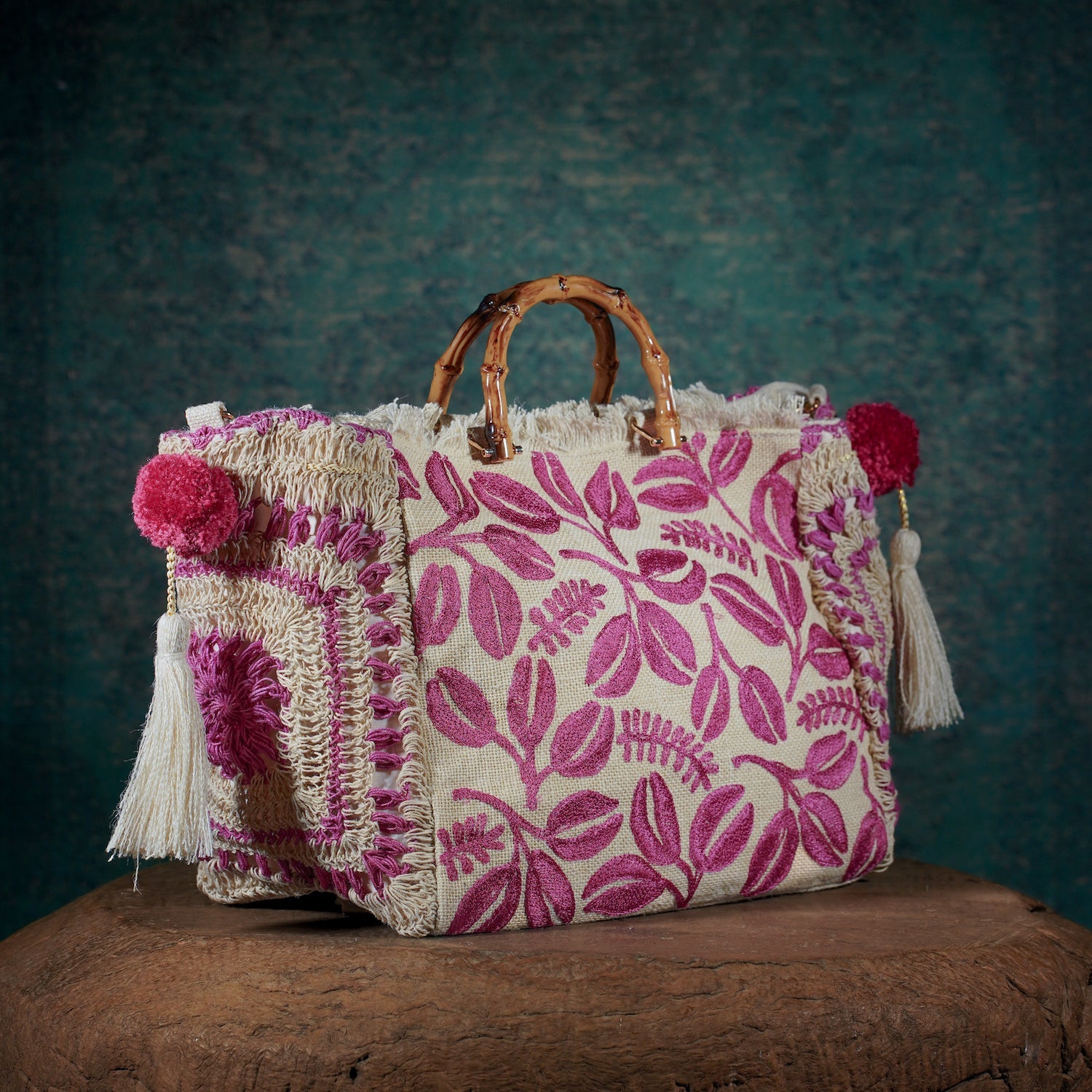 VIPUL SHAH HARYALI JUTE TOTE IN FUSCHIA at Romi Boutique