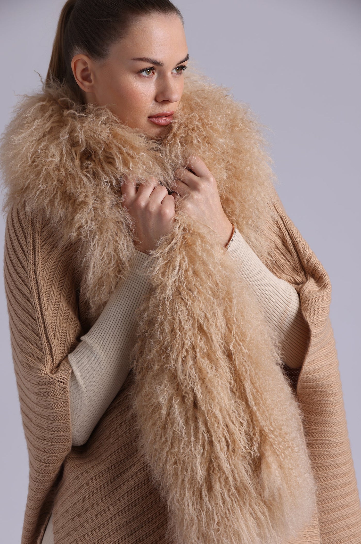 MONGOLIAN FUR CAPE IN CAMEL