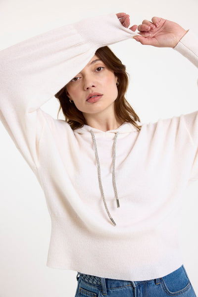 HILARY RHINESTONE DRAWSTRING CASHMERE HOODIE IN ORGANIC WHITE