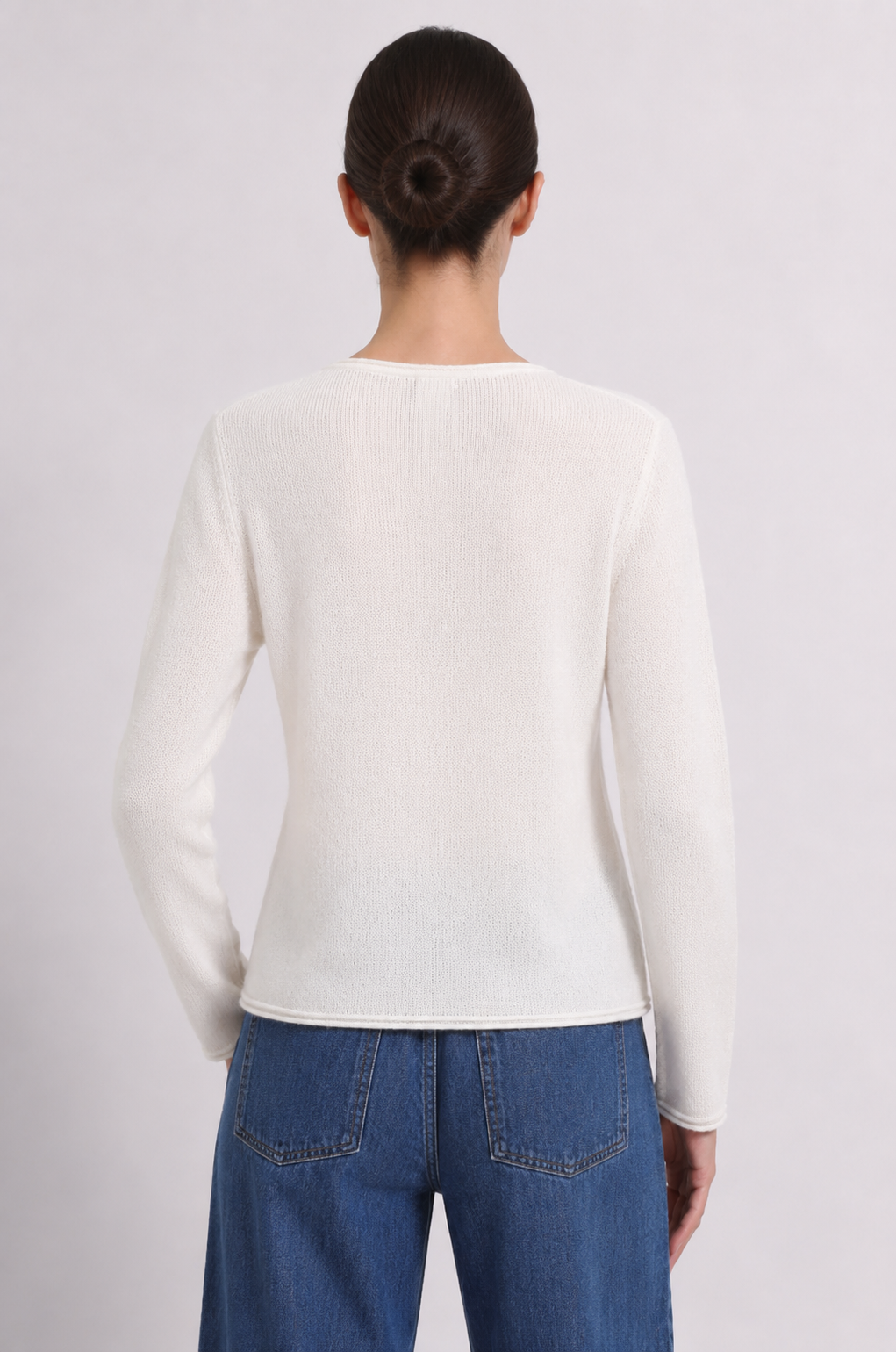 Minnie Rose Sheer Luxury Cashmere Long Sleeve V Neck with Rolled Trims at Romi Boutique