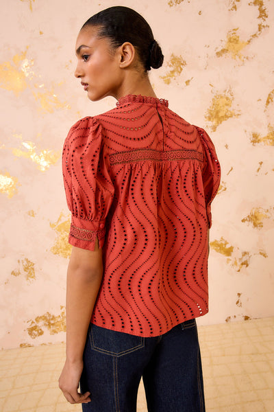 VIRGINIA LACE COLLAR SHORT SLEEVE BLOUSE IN CLARET