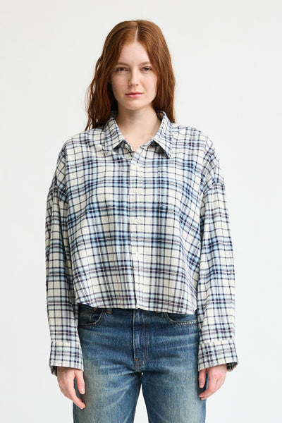 CROPPED BUTTON FRONT SHIRT IN ECRU/LIGHT BLUE PLAID
