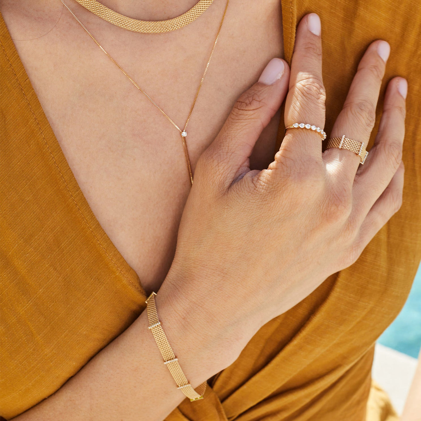 DIAMOND BAR MESH BRACELET IN 14K YELLOW GOLD