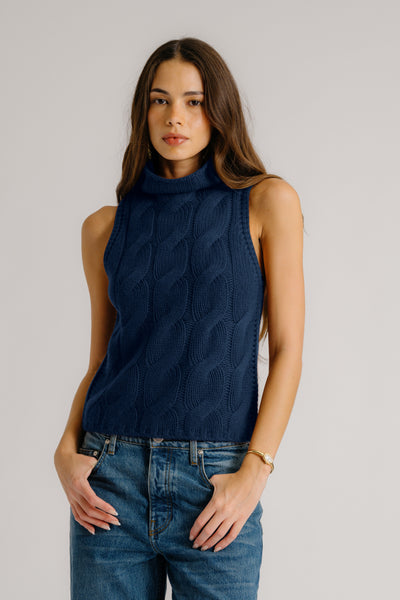 SALVIA SLEEVELESS CASHMERE CABLE TURTLENECK IN MIDNIGHT NAVY