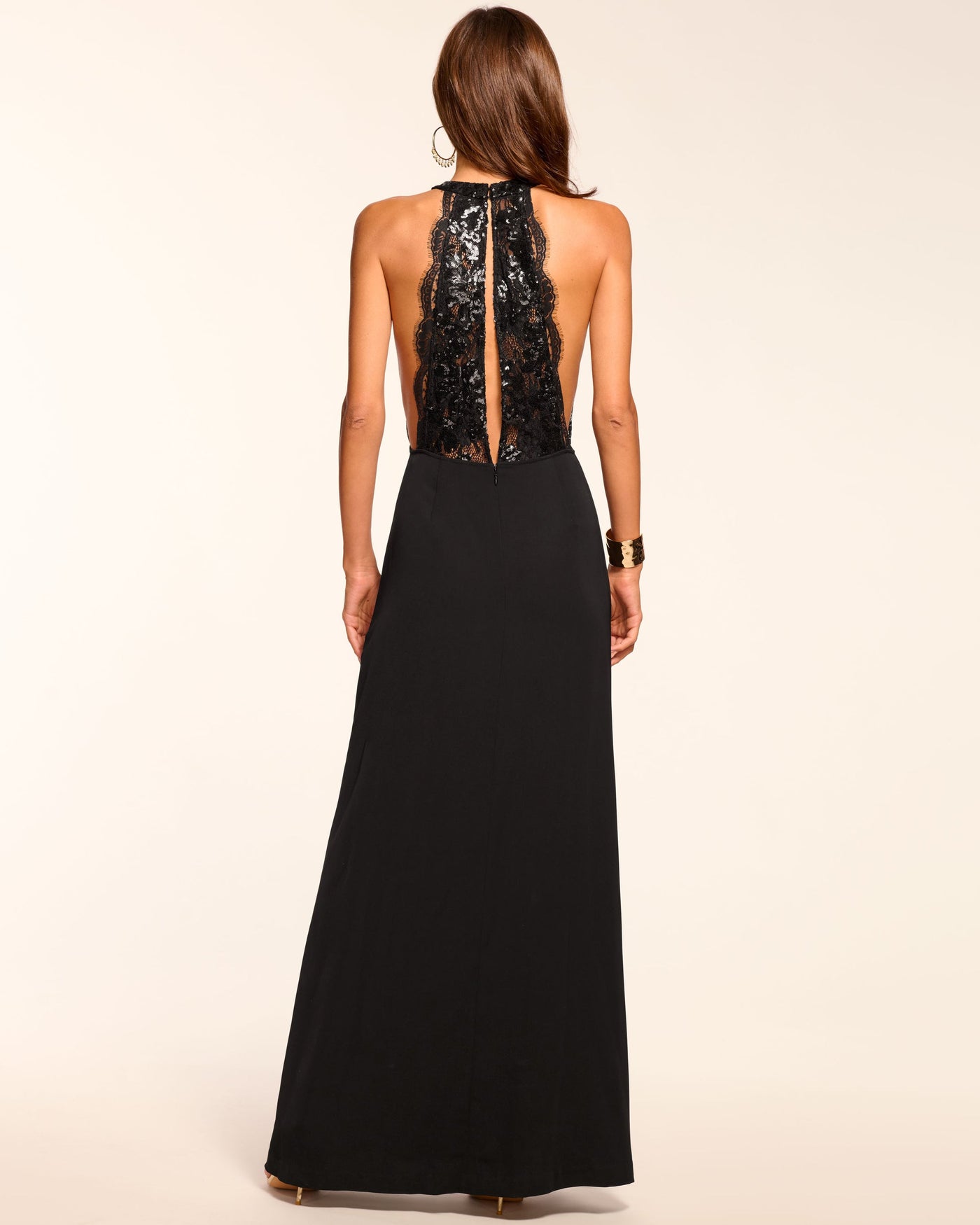 CHANTAL PLUNGING METALLIC LACE GOWN IN BLACK