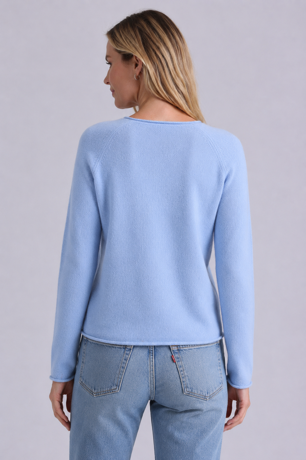 Minnie Rose Sheer Luxury Cashmere Raglan Crew with Rolled Trims at Romi Boutique
