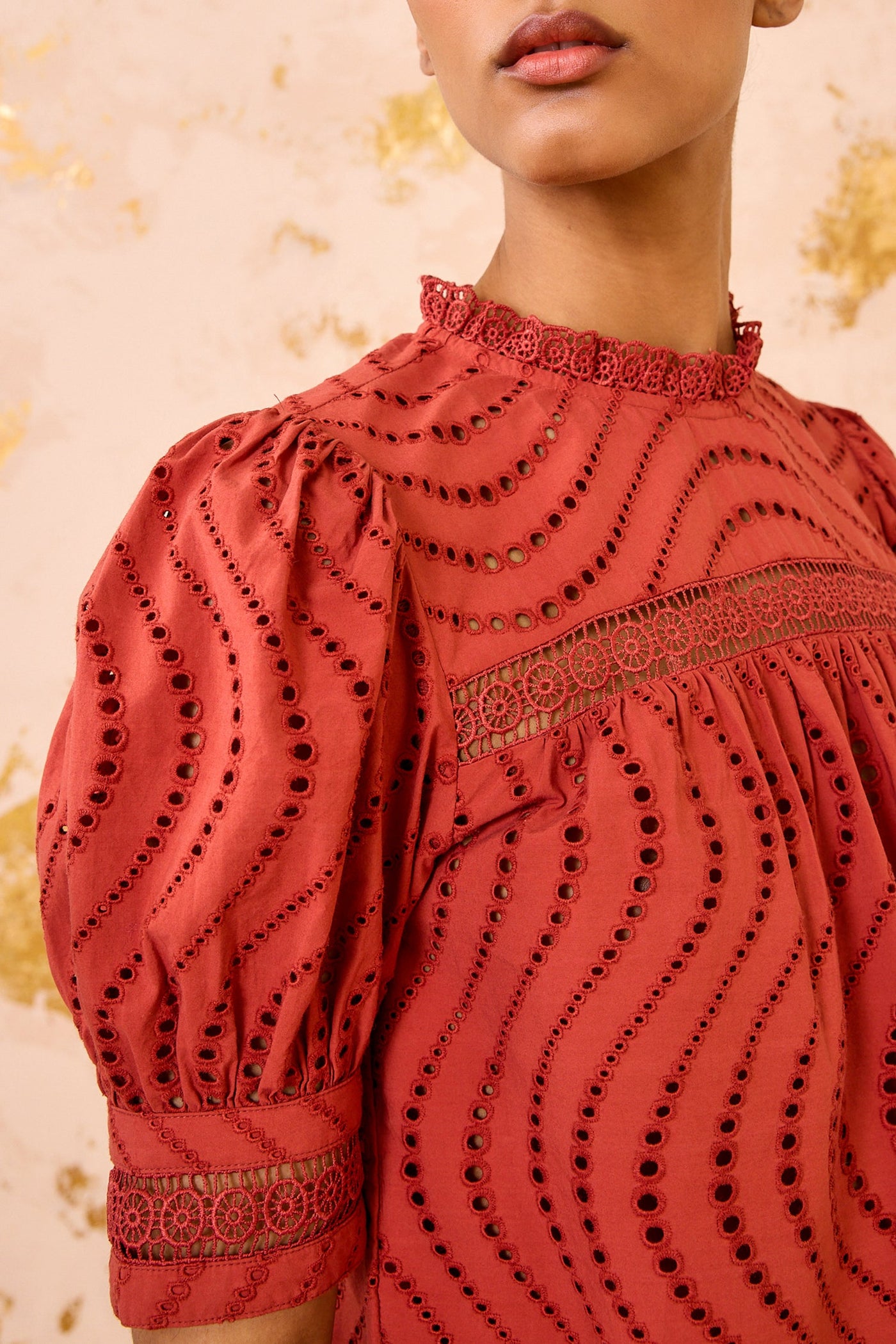 VIRGINIA LACE COLLAR SHORT SLEEVE BLOUSE IN CLARET