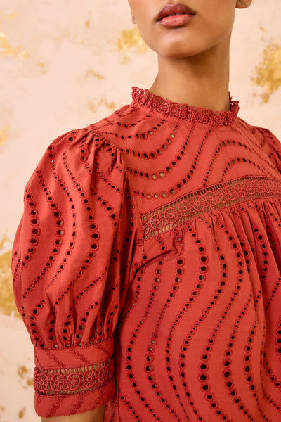 VIRGINIA LACE COLLAR SHORT SLEEVE BLOUSE IN CLARET